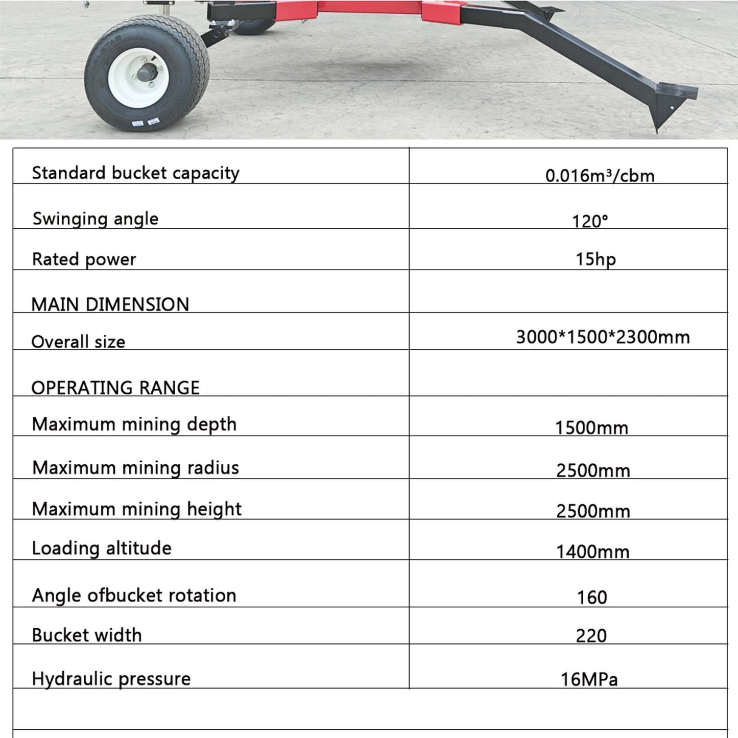 Small backhoe excavator Trench 0.016 cbm Bucket a power of 15HP