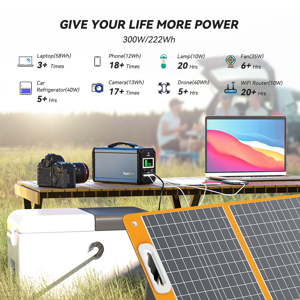 FlashFish 60000mAh Portable Power Station, 300W Solar Generator and Panel