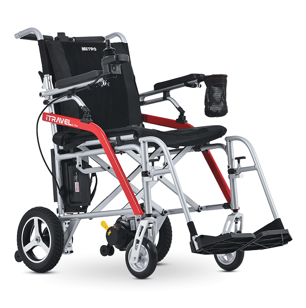 White folding electric wheelchair.