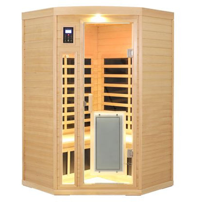 Low EMF Front door with heating panel Two persons Hemlock Far infrared corner Indoor sauna room