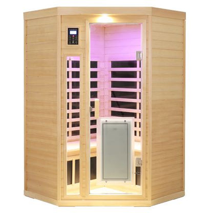 Low EMF Front door with heating panel Two persons Hemlock Far infrared corner Indoor sauna room