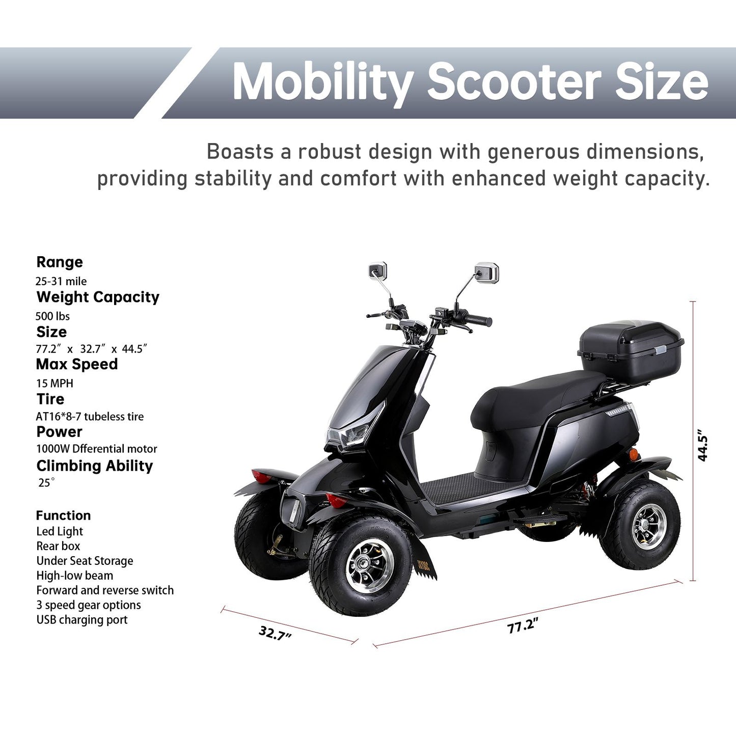 Electric Mobility Recreational Travel Scooter for Adults,Mobility Scooters for Seniors, 4 Wheel Powered Mobility Scooters,