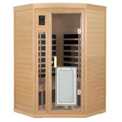 Low EMF Front door with heating panel Two persons Hemlock Far infrared corner Indoor sauna room