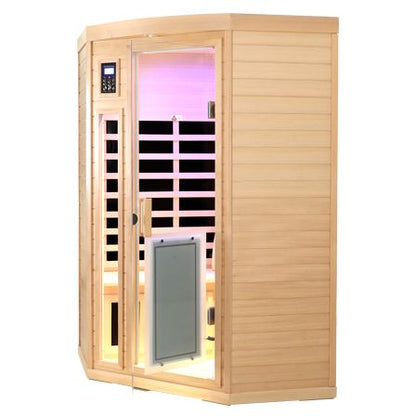 Low EMF Front door with heating panel Two persons Hemlock Far infrared corner Indoor sauna room