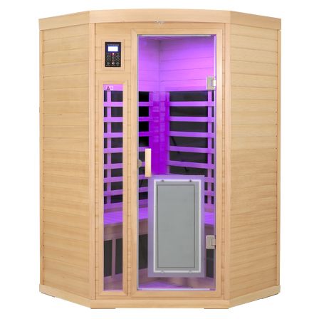 Low EMF Front door with heating panel Two persons Hemlock Far infrared corner Indoor sauna room