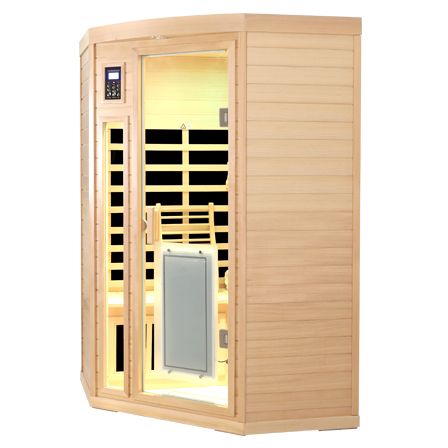 Low EMF Front door with heating panel Two persons Hemlock Far infrared corner Indoor sauna room