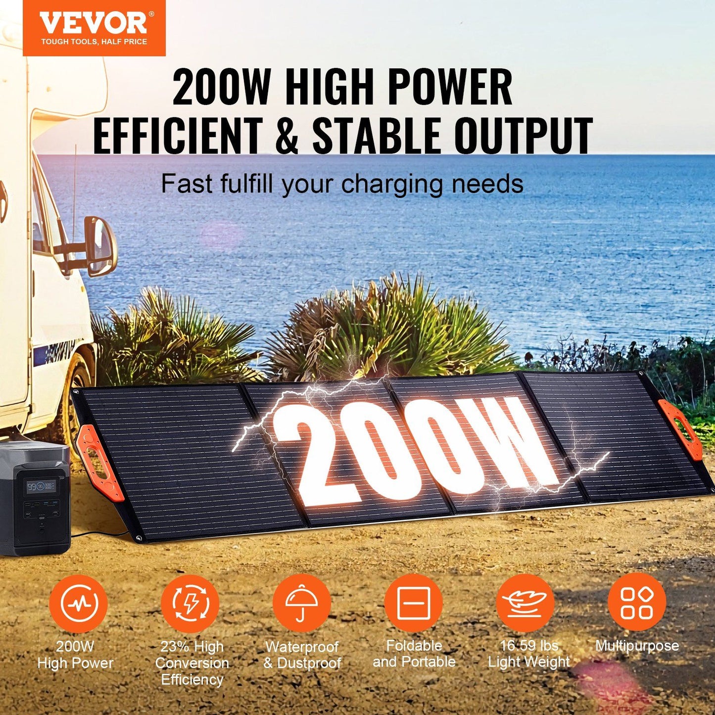 VEVOR Portable Monocrystalline Solar Panel 200W Foldable ETFE Solar Charger kit